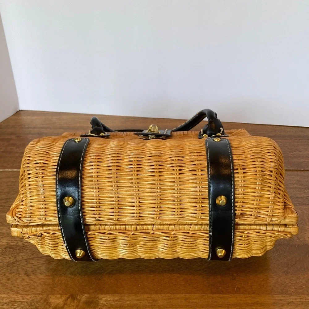 Tan Black Woven Leather Look Handbag Double Handle Picnic Style Classic Timeless